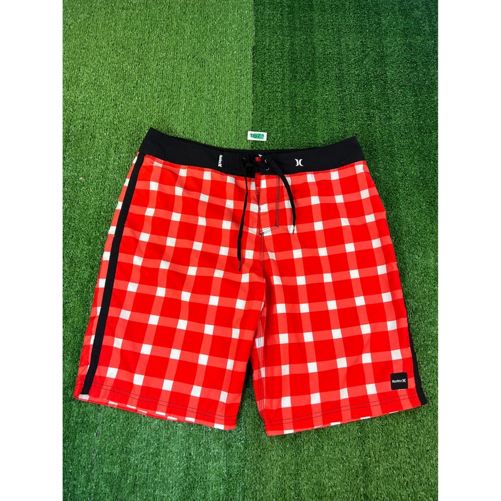 Hurley Mens Red White Gingham Board Shorts Size 36 MBO3CHK Surf Swim Trunks